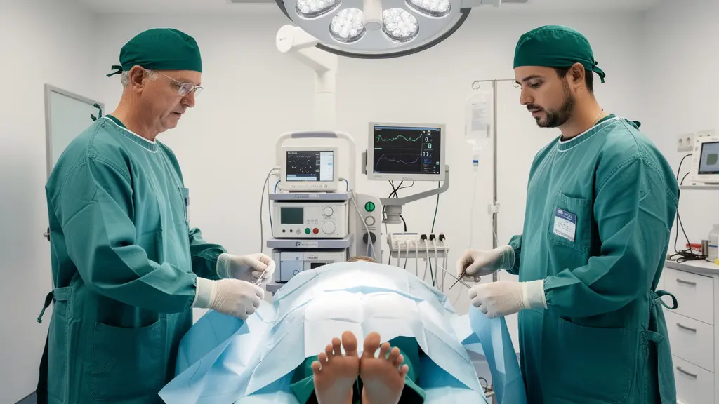 Vue d'ensemble d'un bloc opératoire moderne pour chirurgie ambulatoire du pied avec équipe médicale