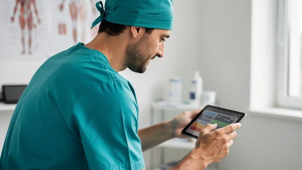 Chirurgien orthopédique consultant les données patient sur tablette avant une consultation