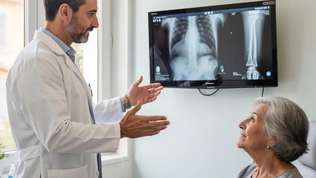 Chirurgien orthopédique expliquant une radiographie à une patiente senior dans un cabinet médical lumineux