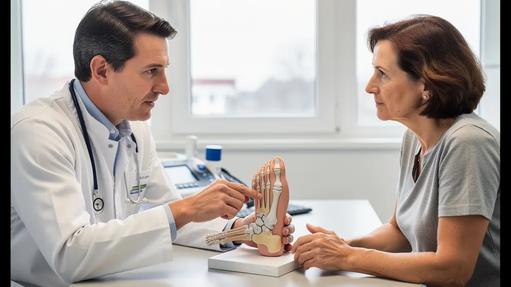 Chirurgien orthopédiste expliquant la chirurgie mini invasive du pied sur maquette anatomique à une patiente attentive
