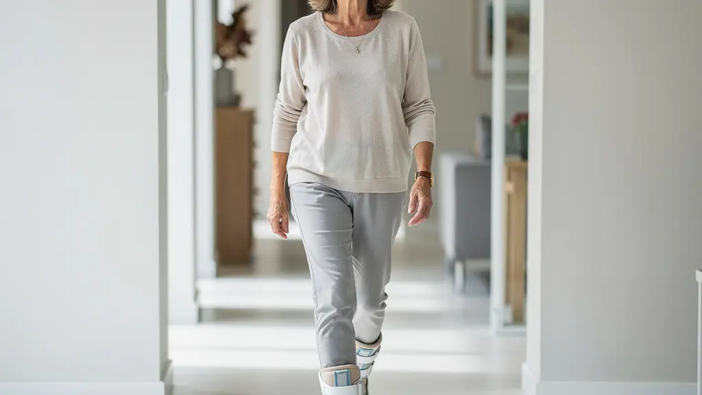 Patiente en récupération marchant avec une chaussure post-opératoire dans un intérieur lumineux