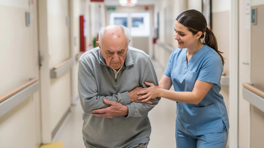 Patient senior effectuant ses premiers pas de rééducation avec l'aide d'une kinésithérapeute