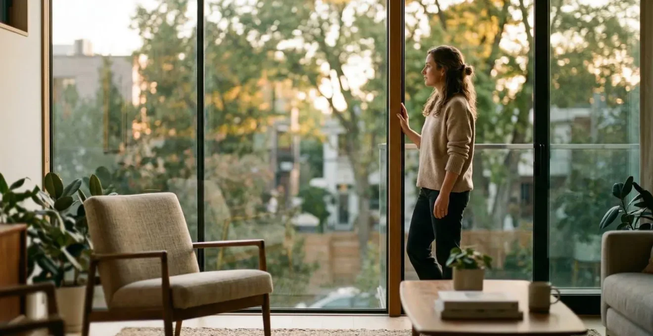 Femme de profil regardant par la fenêtre dans un intérieur lumineux et moderne, moment de réflexion serein