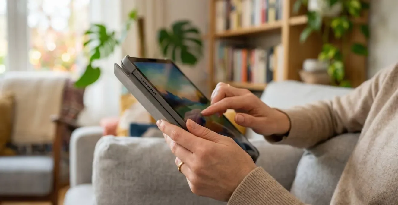 Mains féminines tenant une tablette dans un salon lumineux, moment de recherche d'information
