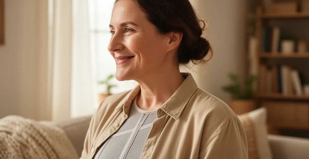 Femme en récupération post-opératoire portant un vêtement de contention confortable