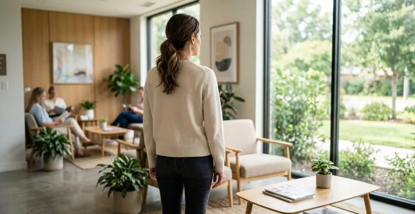 Silhouette féminine de dos dans une salle d'attente lumineuse et épurée