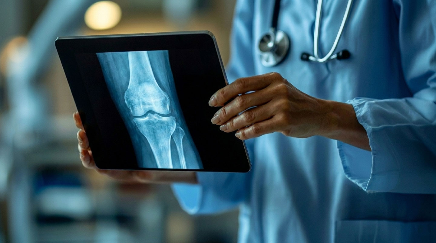 Un chirurgien orthopédiste montre une radiographie du genou à un patient en consultation