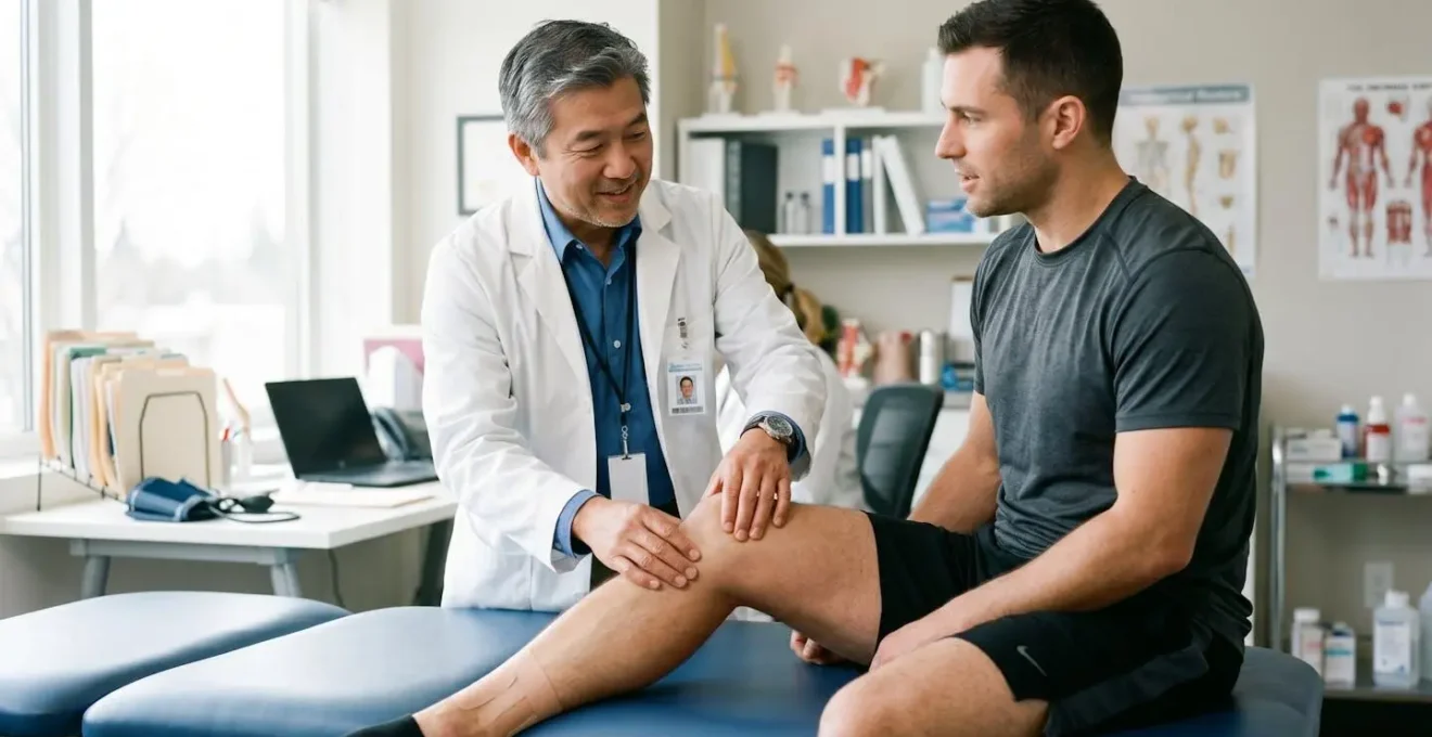 Un chirurgien orthopédiste examine le genou d'un patient sportif en cabinet médical