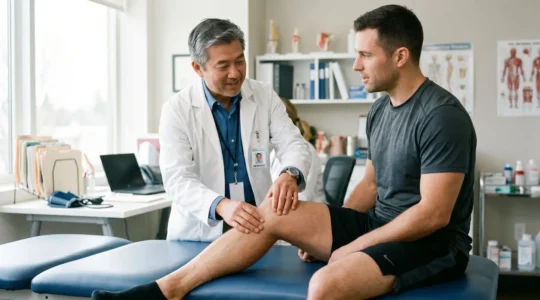 Un chirurgien orthopédiste examine le genou d'un patient sportif en cabinet médical