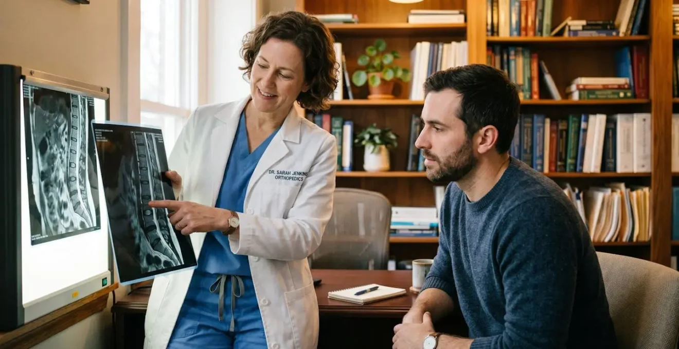 Un chirurgien orthopédiste montre une radiographie du genou à un patient en consultation