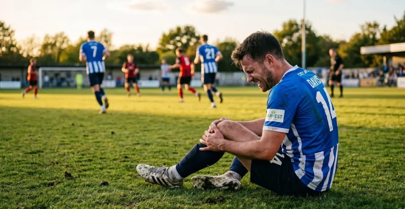 Un footballeur assis sur un terrain se tient le genou après une blessure en match