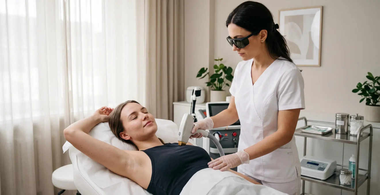 Une praticienne réalise une séance d'épilation laser sur une patiente allongée en clinique.