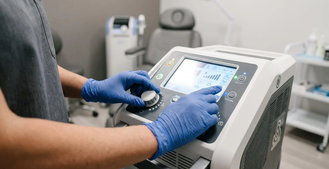 Des mains gantées règlent les paramètres d'un appareil d'épilation laser.